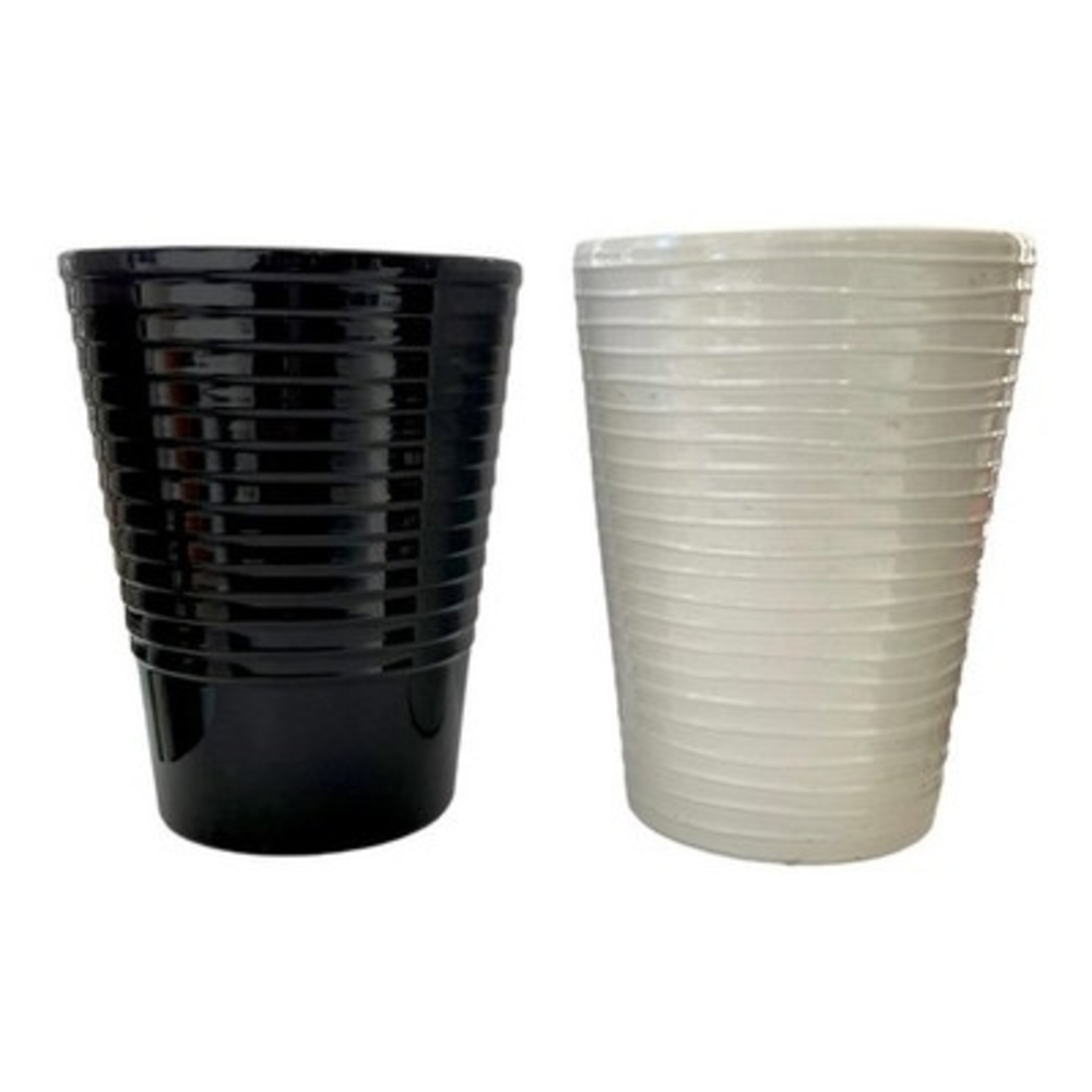 Black & White Ceramic Round Planters Set of 2 Horizontal Rib Pots 6.5 Home Decor